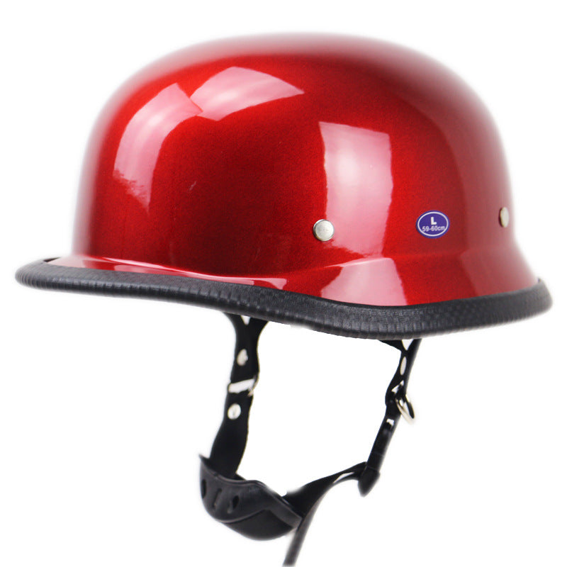 A Glossy Red German Motorcycle Helmet on a white background.