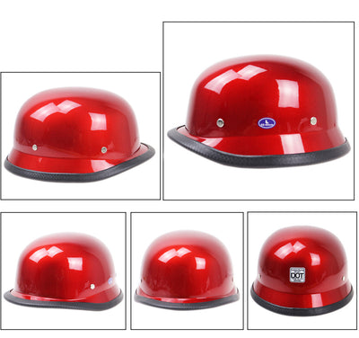 A durable, Glossy Red German Motorcycle Helmet with different views of its red color.