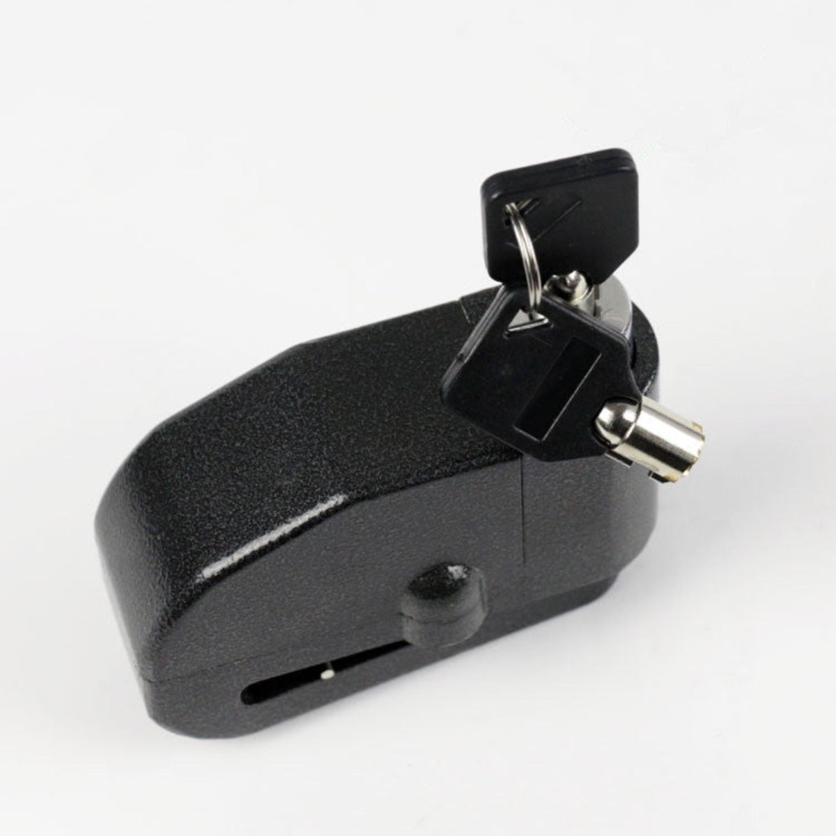 A Motorcycle Alarm Disc Lock with a key attached to it.