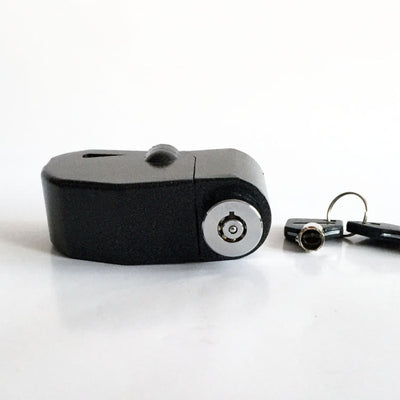 A Motorcycle Alarm Disc Lock with a key attached to it.