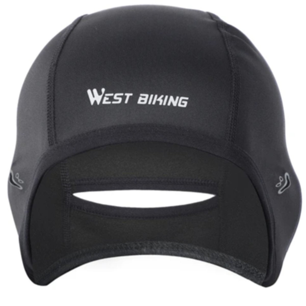 A black Motorcycle Helmet Liner Cap with the keywords "west biking" on it, designed to wick away sweat and provide cooling.