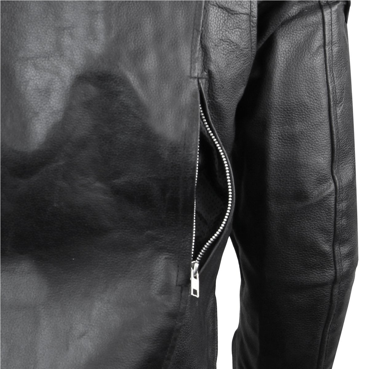 Close-up of the Vance Leather Men's Racer Jacket with a partially unzipped zipper on the side, featuring an elegant Euro Style Collar.