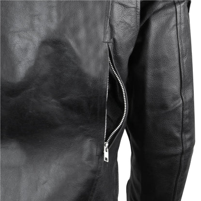 Close-up of the Vance Leather Men's Racer Jacket with a partially unzipped zipper on the side, featuring an elegant Euro Style Collar.