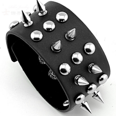 Badass Rockstar Bracelets w/ Metal Spikes 3 Pcs, 8.6 x 1.6 in, Black/Silver - American Legend Rider