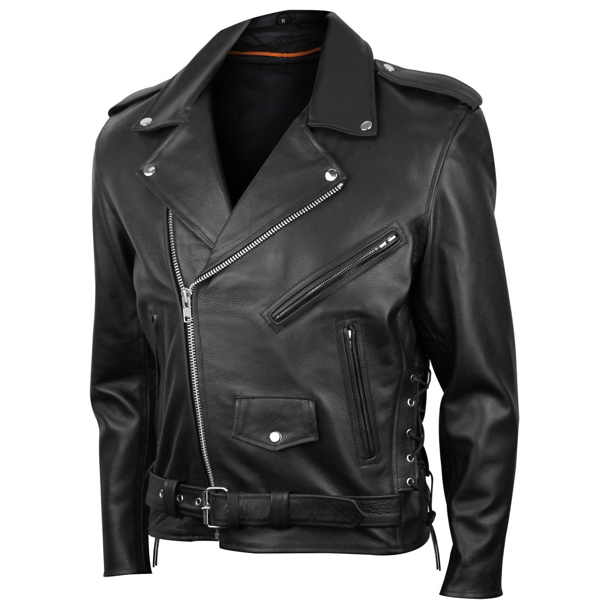 Vance Leather Men's Basic Classic Motorcycle Jacket with Lace Sides & Zip out Liner