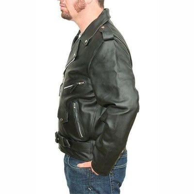 Vance Leather Men's Classic Motorcycle Leather Jacket Plain Side w/Belted Waist