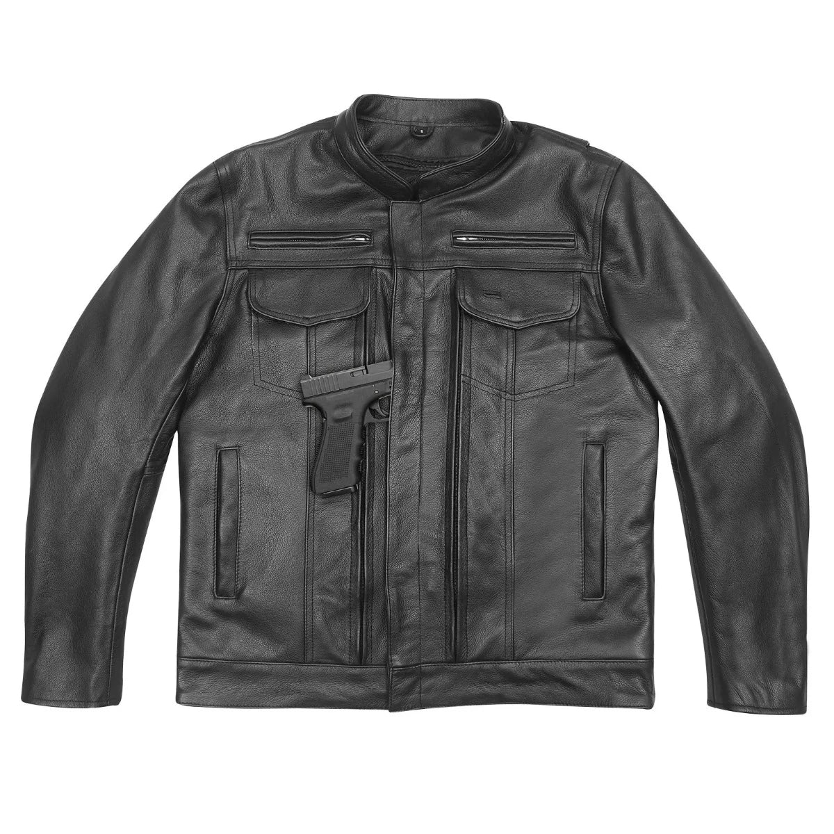 Vance Men's Motorcycle Leather Jacket with Double Conceal Carry Pockets