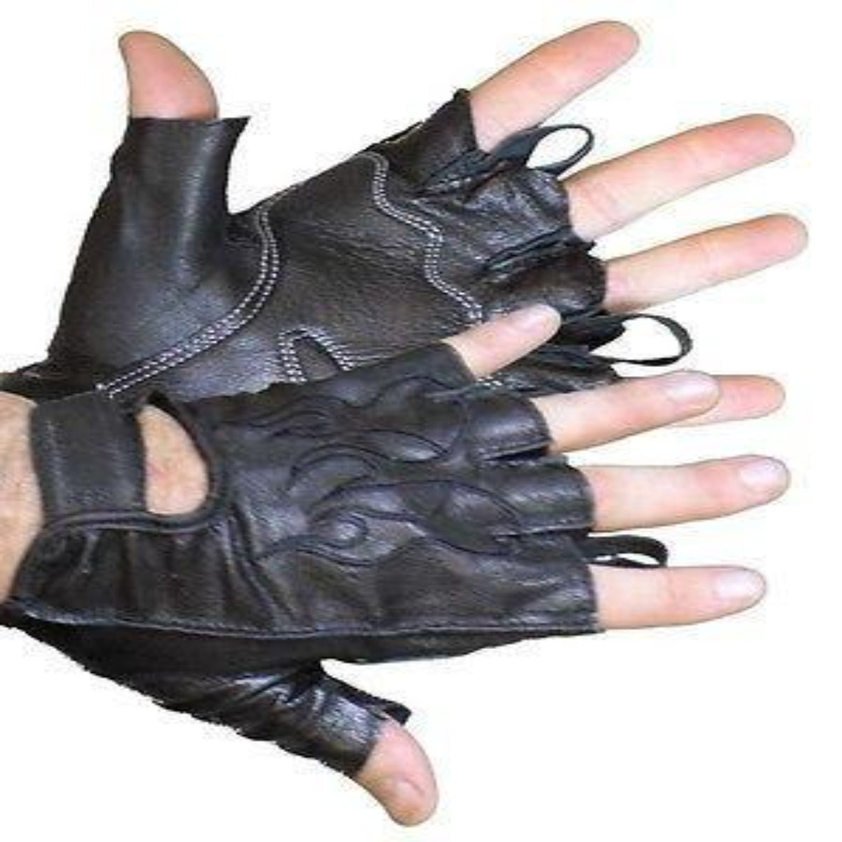 A person wearing Vance Leather Fingerless Gloves with Gel Palm, featuring decorative stitching, openings near the knuckles, and a subtle flame design.
