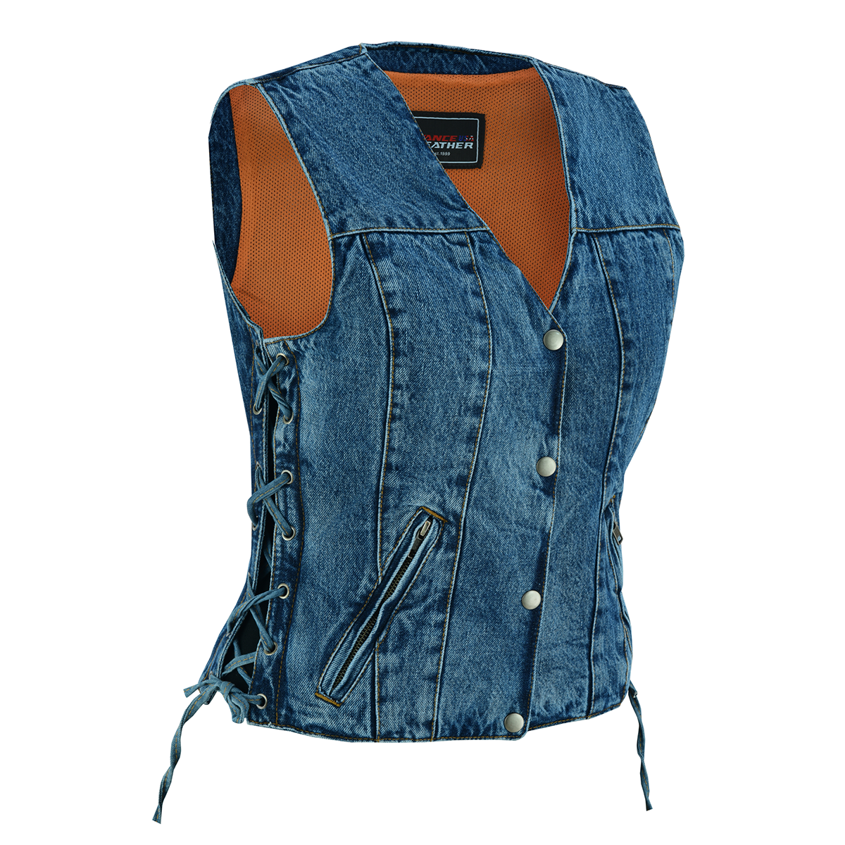 Vance Leather Women's Blue Denim V-Neck Vest w/Snap Opening & Side Laces, with laces and zippers.