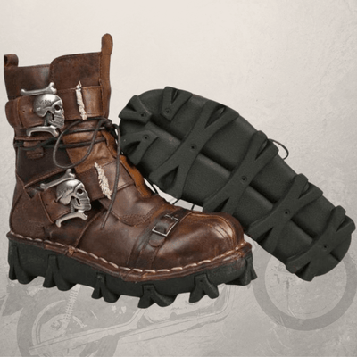 A pair of Handmade Skull Leather Boots + Free Leg Bag Bundle with metal buckles.