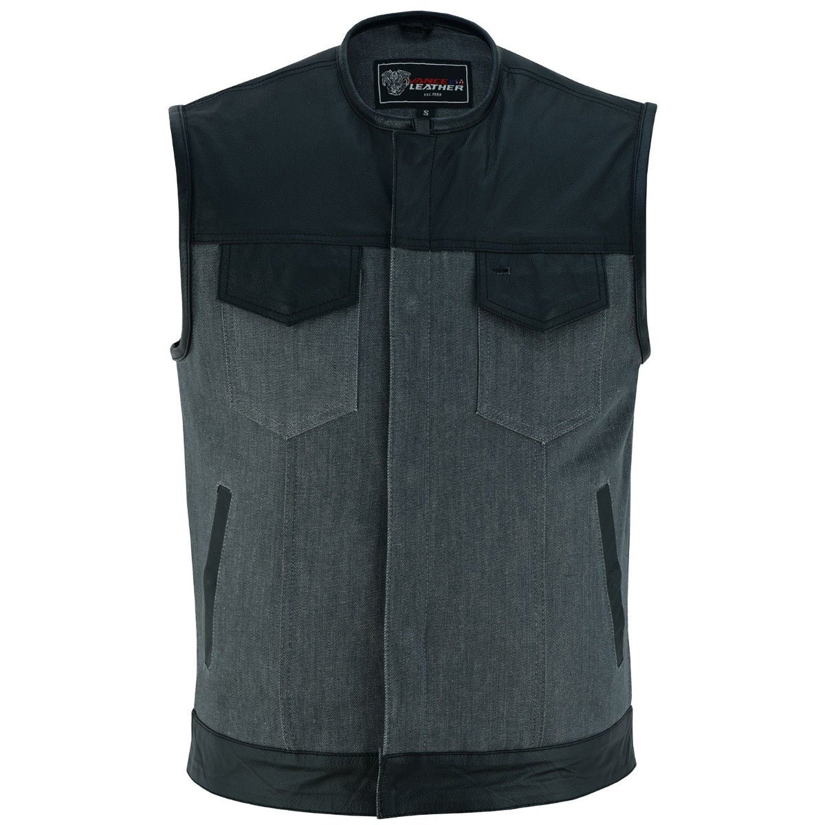 A Vance Leather Men’s Denim & Leather Motorcycle Vest featuring a club-style, sleeveless design in grey and black with multiple pockets, a zip-up front, and a concealed carry pocket.