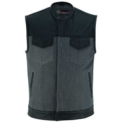 A Vance Leather Men’s Denim & Leather Motorcycle Vest featuring a club-style, sleeveless design in grey and black with multiple pockets, a zip-up front, and a concealed carry pocket.