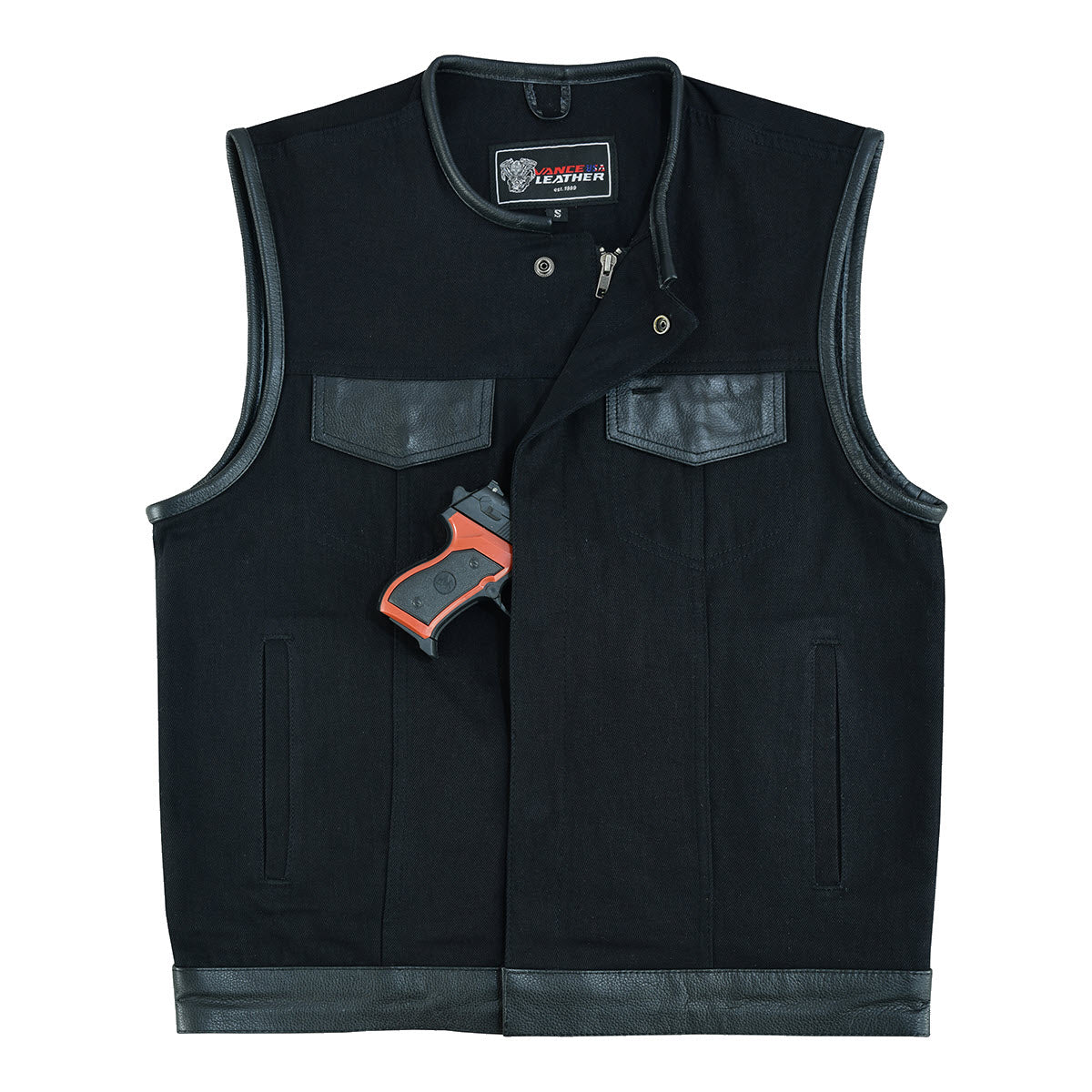 Vance Leather Black Denim Collarless Club Vest w/Leather Trims