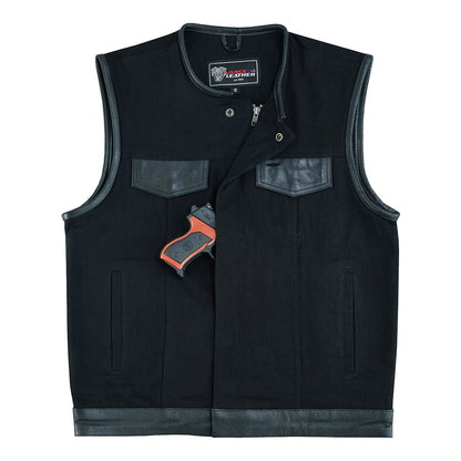Vance Leather Black Denim Collarless Club Vest w/Leather Trims