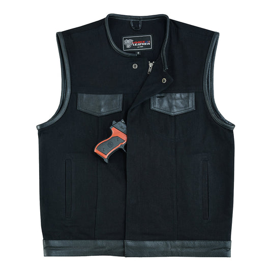 Vance Leather Black Denim Collarless Club Vest w/Leather Trims