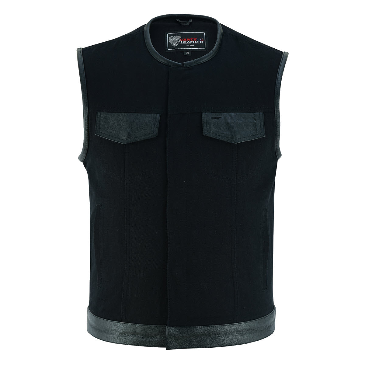 Vance Leather Black Denim Collarless Club Vest w/Leather Trims