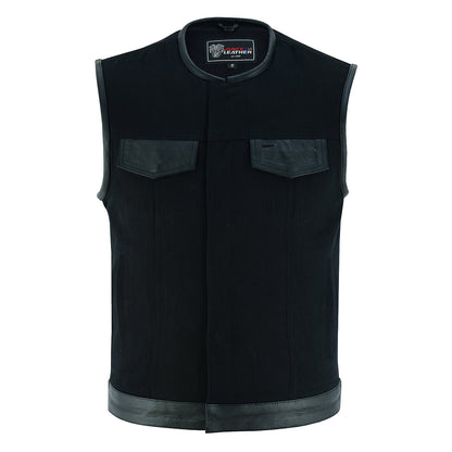 Vance Leather Black Denim Collarless Club Vest w/Leather Trims