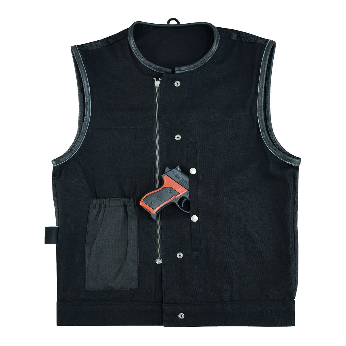 Vance Leather Black Denim Collarless Club Vest w/Leather Trims