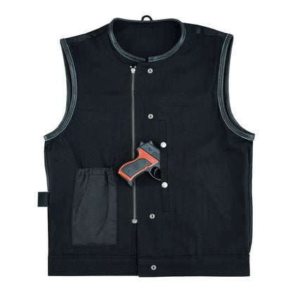 Vance Leather Black Denim Collarless Club Vest w/Leather Trims