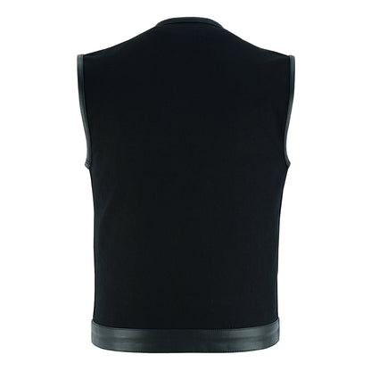 Vance Leather Black Denim Collarless Club Vest w/Leather Trims