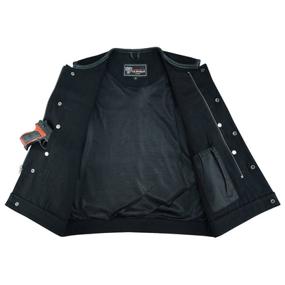 Vance Leather Black Denim Collarless Club Vest w/Leather Trims