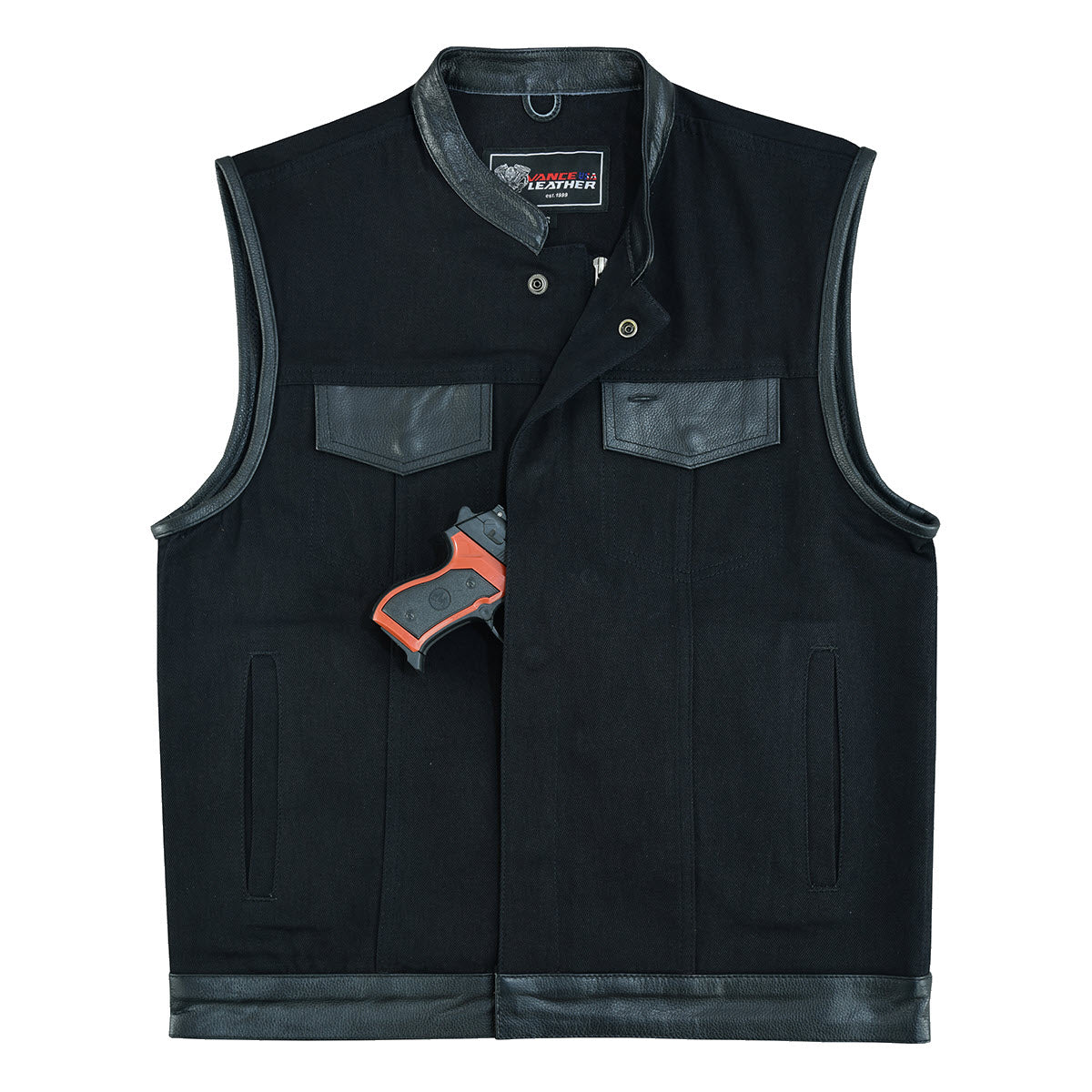 Vance Leather Black Denim Club Vest w/Leather Trims