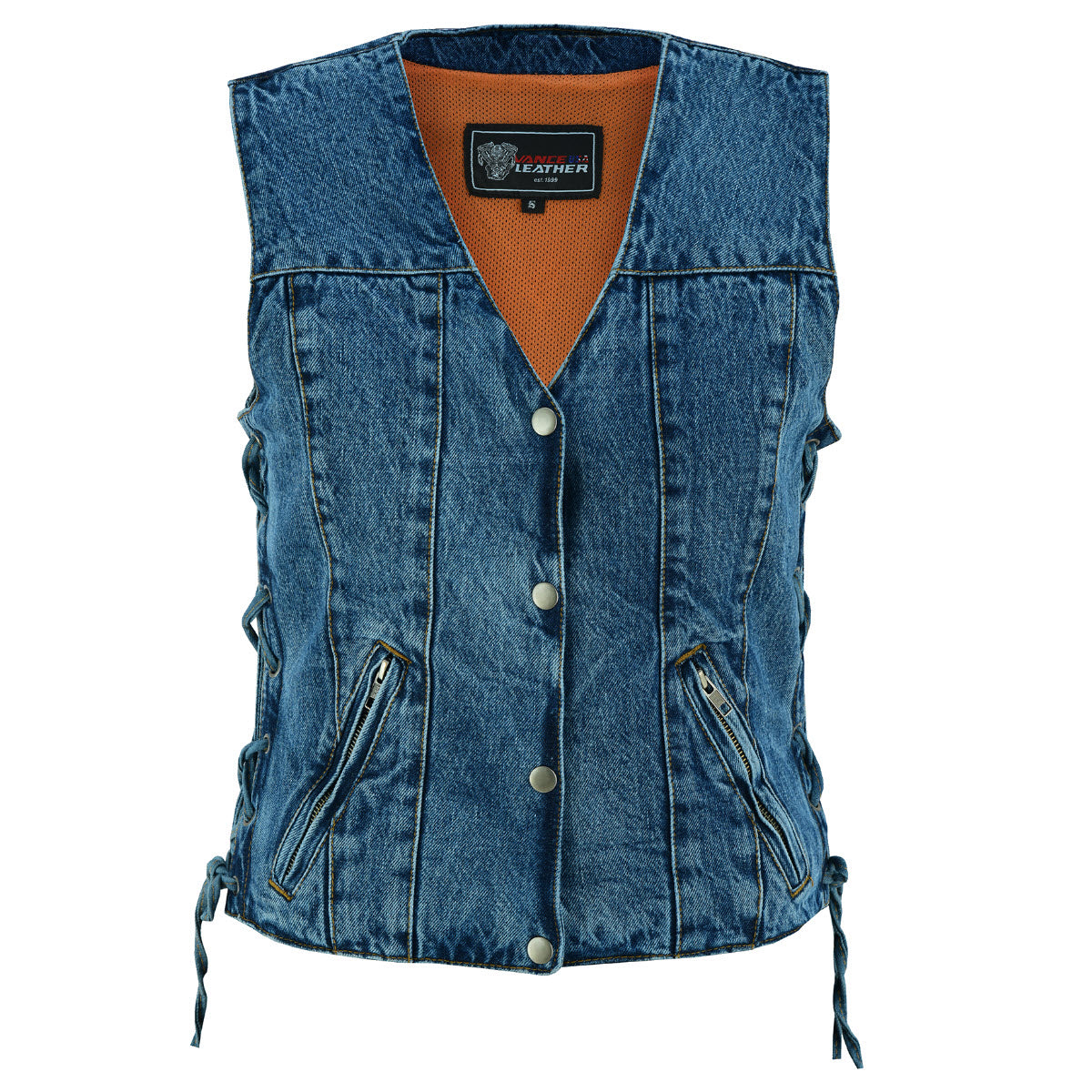 A Vance Leather Women's Blue Denim V-Neck Vest w/Snap Opening & Side Laces with adjustable and pockets.