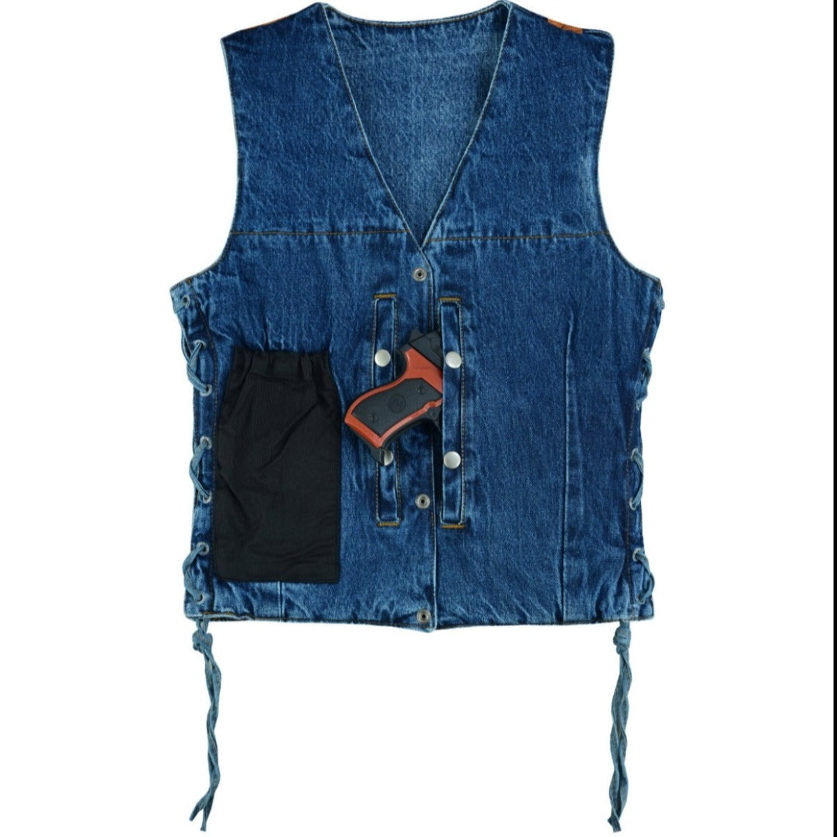 An Vance Leather Women's Blue Denim V-Neck Vest w/Snap Opening & Side Laces with a pocket on it.