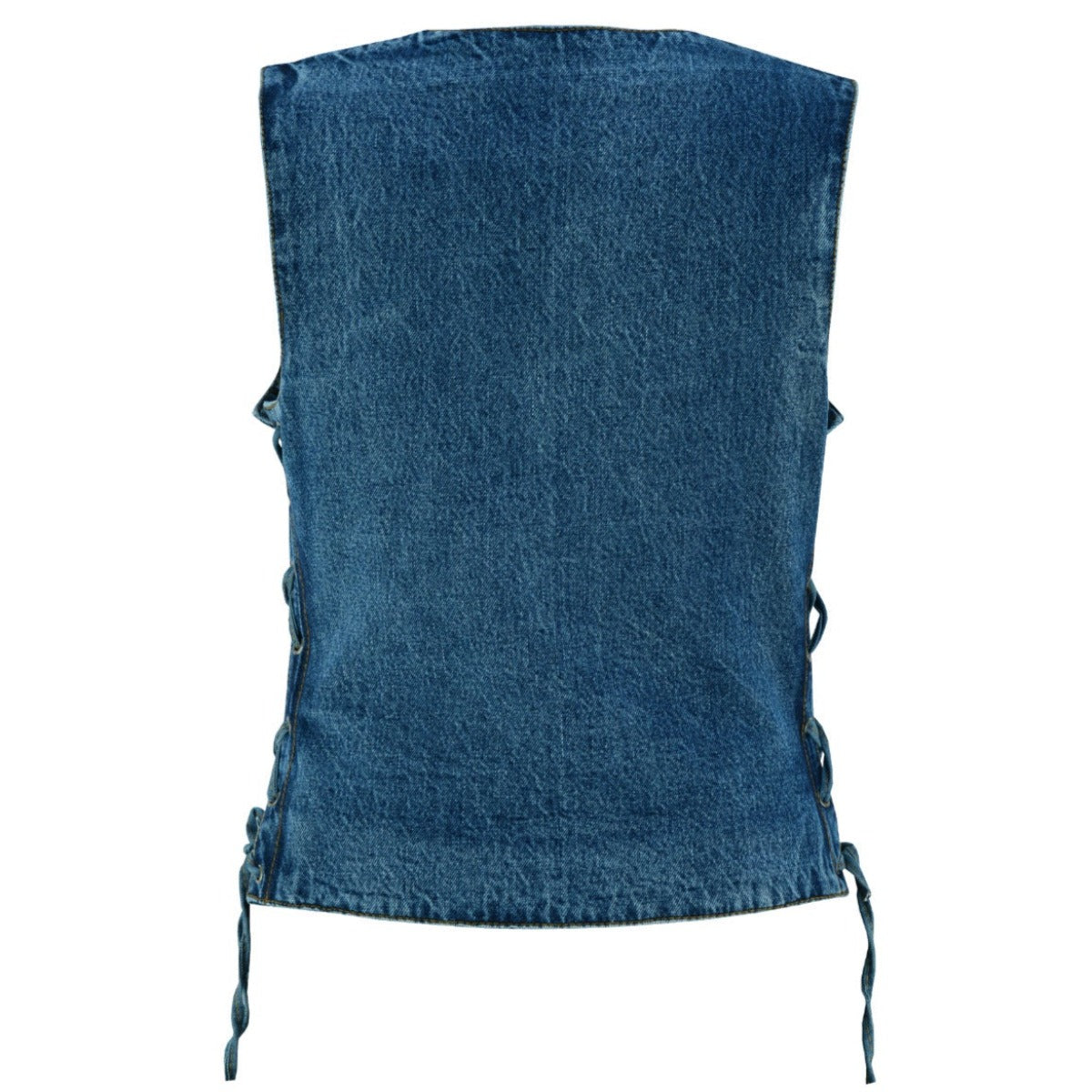 The Vance Leather Women's Blue Denim V-Neck Vest w/Snap Opening & Side Laces showcases pockets in the back for women.