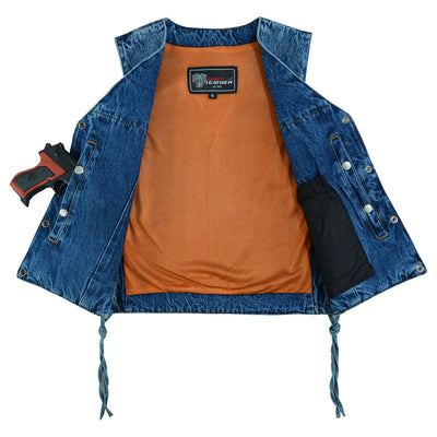 An adjustable Vance Leather Women's Blue Denim V-Neck Vest w/Snap Opening & Side Laces with an orange pocket and a gun.