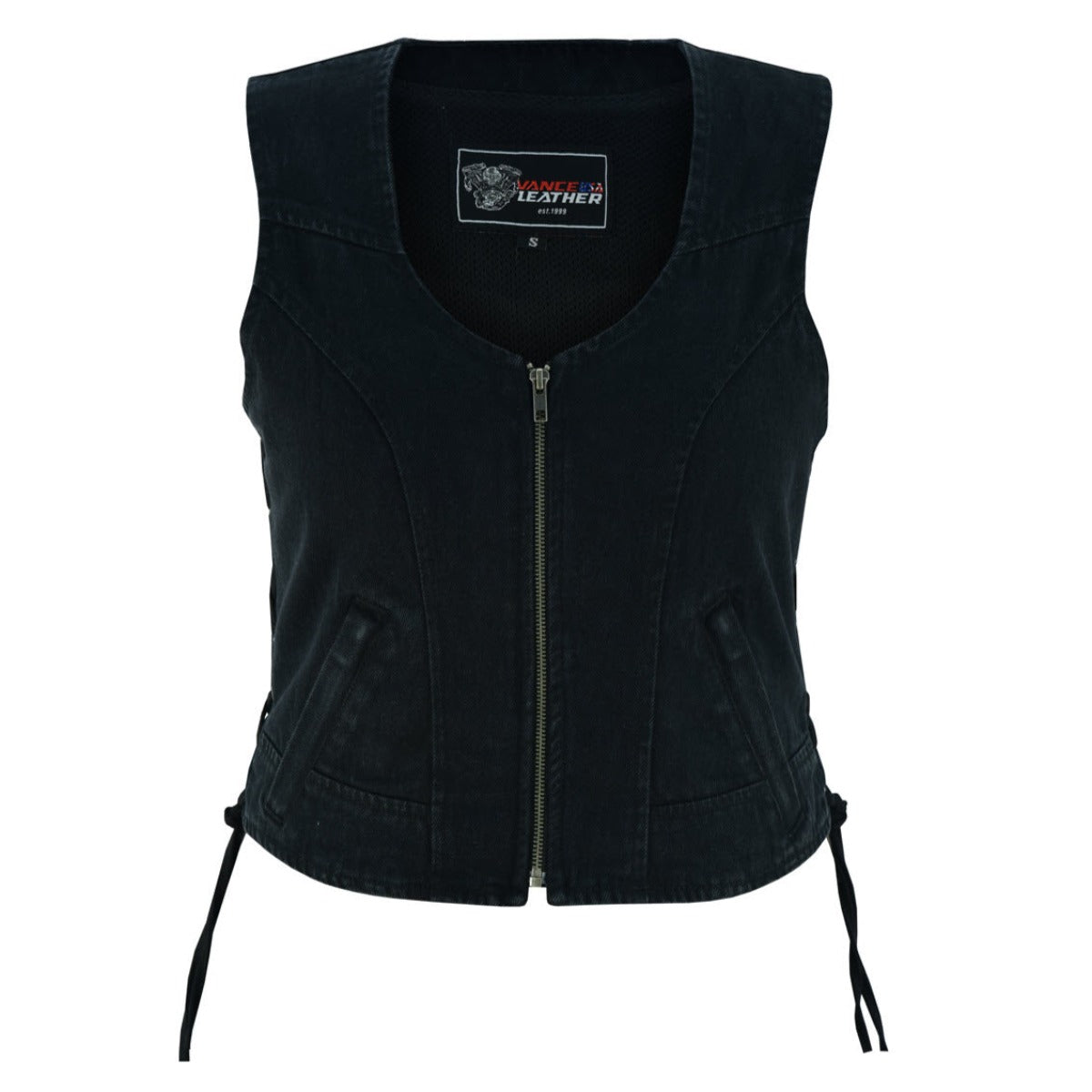 Vance Leather Women's Denim V-Neck Vest w/Zipper & Side Laces