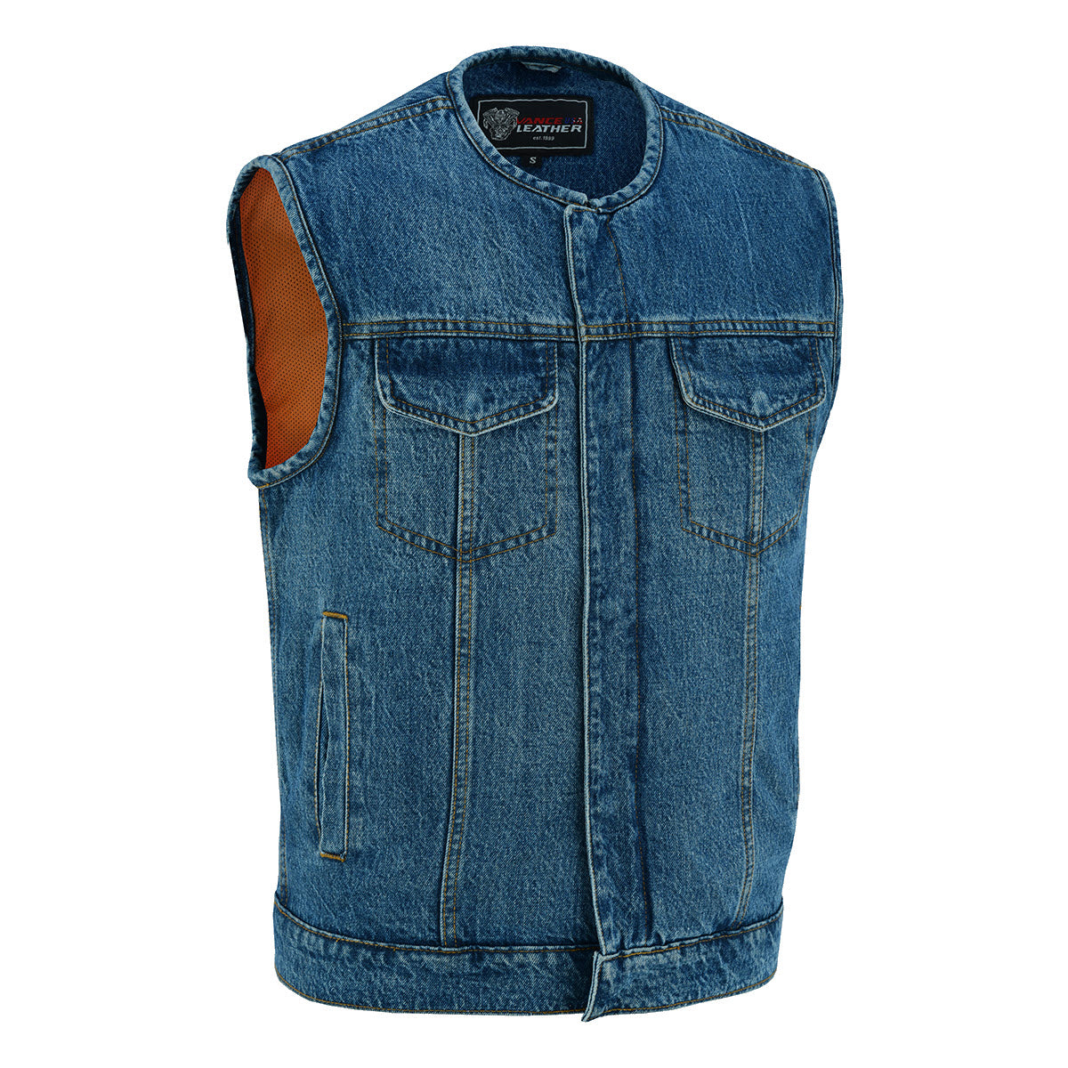 Vance Leather Men's Blue Denim Collarless Vest