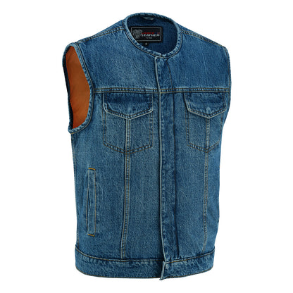 Vance Leather Men's Blue Denim Collarless Vest