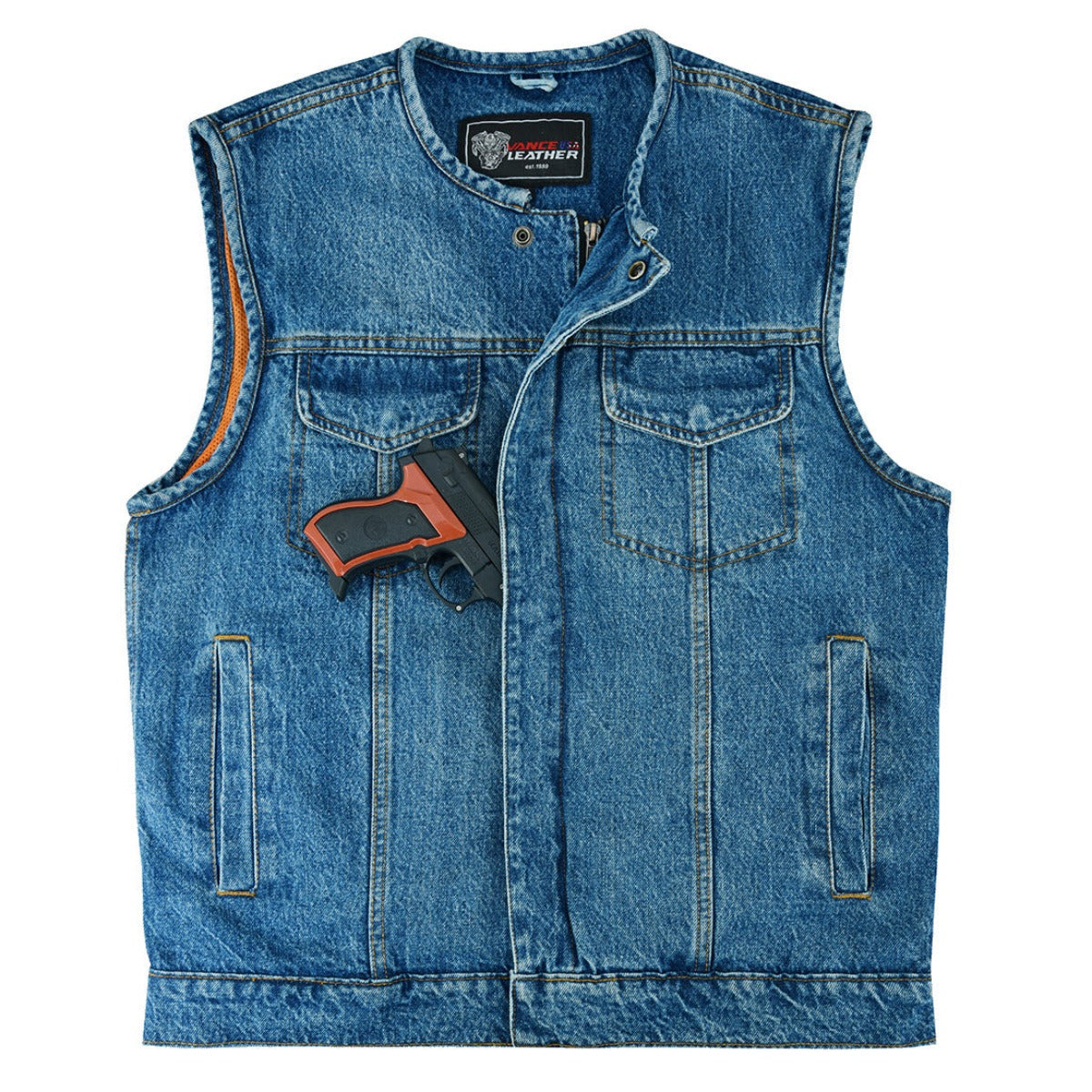 Vance Leather Men's Blue Denim Collarless Vest