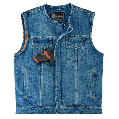 Vance Leather Men's Blue Denim Collarless Vest