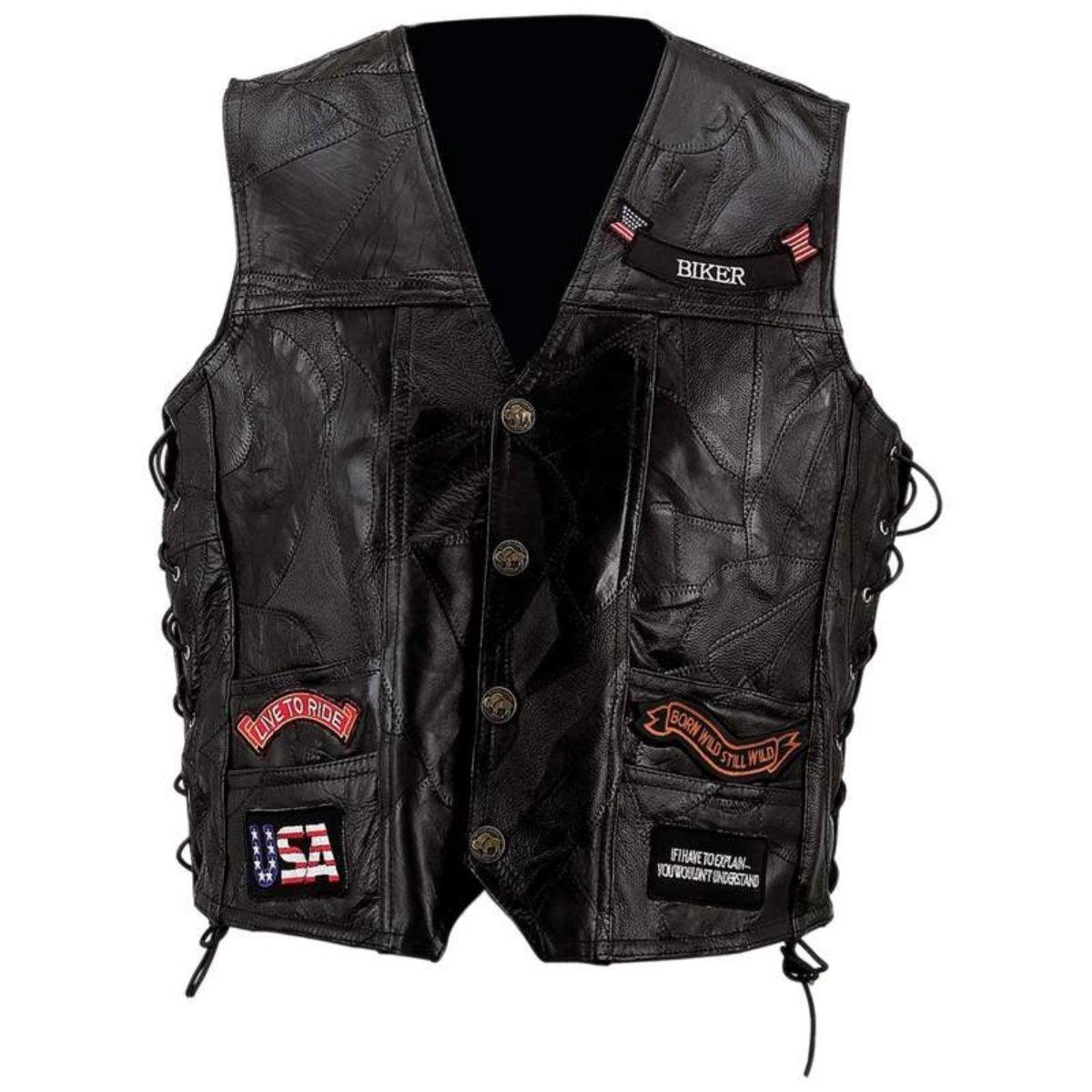Mens buffalo leather motorcycle vest with snap front and side laces