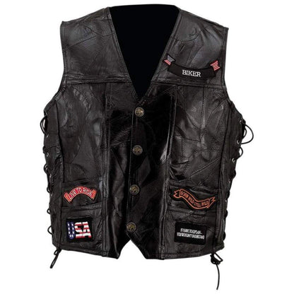 Mens buffalo leather motorcycle vest with snap front and side laces