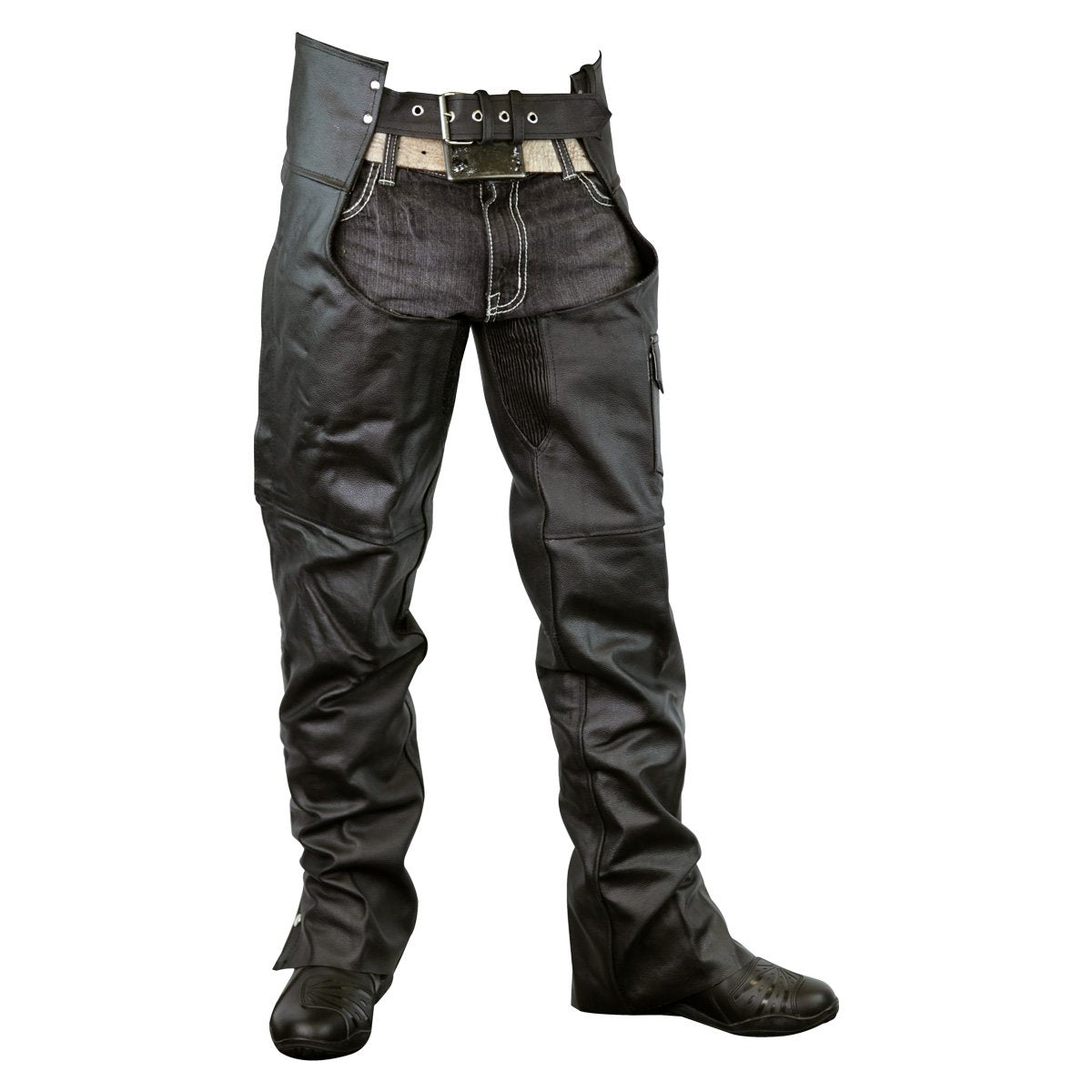 A person is wearing blue jeans underneath Vance Leather Zip-Out Insulated and Lined Plain Biker Leather Chaps, Unisex, with the front waist area open and secured with a belt and buckle.