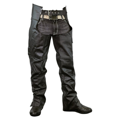 A person is wearing blue jeans underneath Vance Leather Zip-Out Insulated and Lined Plain Biker Leather Chaps, Unisex, with the front waist area open and secured with a belt and buckle.