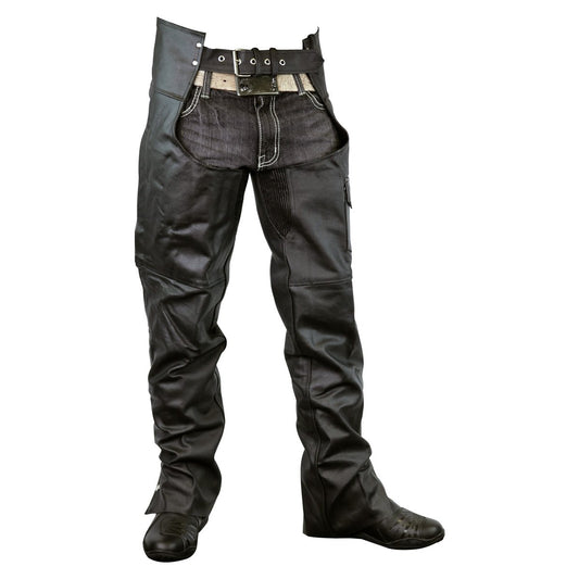A person is wearing blue jeans underneath Vance Leather Zip-Out Insulated and Lined Plain Biker Leather Chaps, Unisex, with the front waist area open and secured with a belt and buckle.
