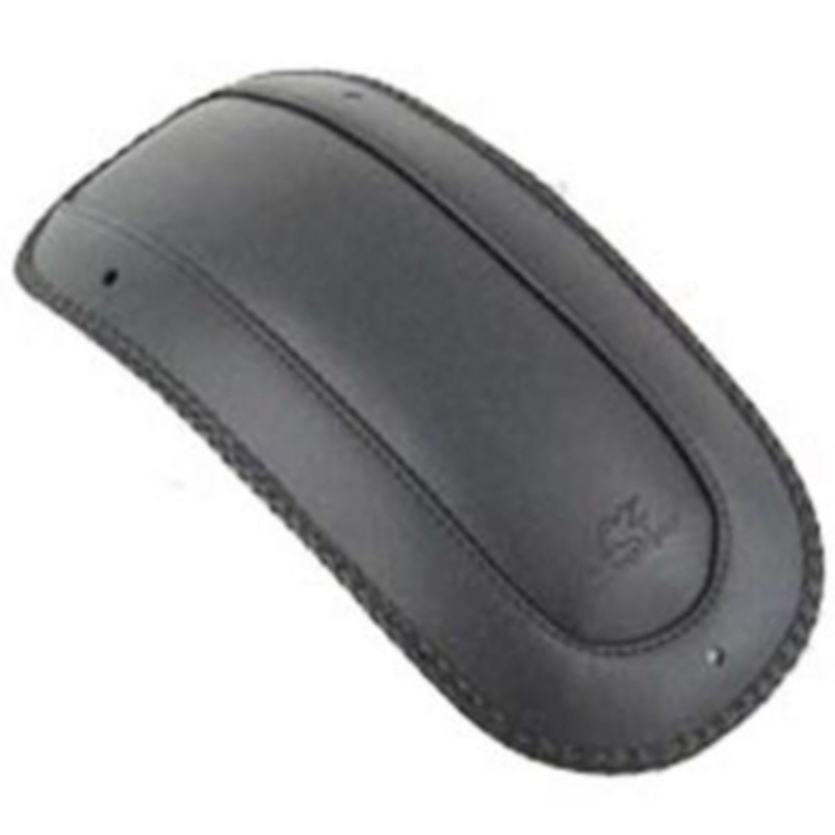 The product, Mustang Fender Bib for Harley-Davidson FL Touring '97-'20, is a rectangular leather accessory with visible stitching and a zipper at the top that perfectly complements a solo seat on Harley-Davidson FL Touring motorcycles.