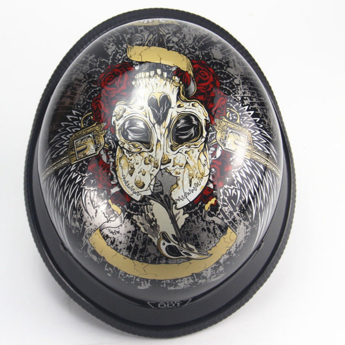 A Skull Cap Motorcycle Helmet, Gloss Black with a skull and roses design, DOT approved.