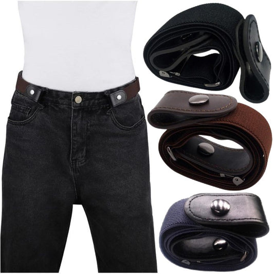 A person is wearing black jeans with a brown button belt. Three more belts are displayed on the side, including a navy Buckle-Free Elastic Belt and other belts in black and brown.