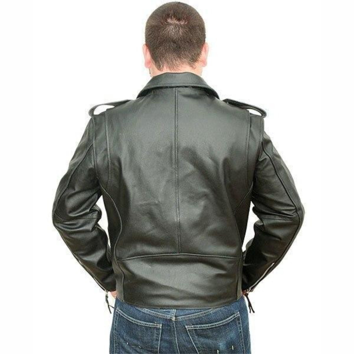 Vance Leather Men's Classic Motorcycle Leather Jacket Plain Side w/Belted Waist