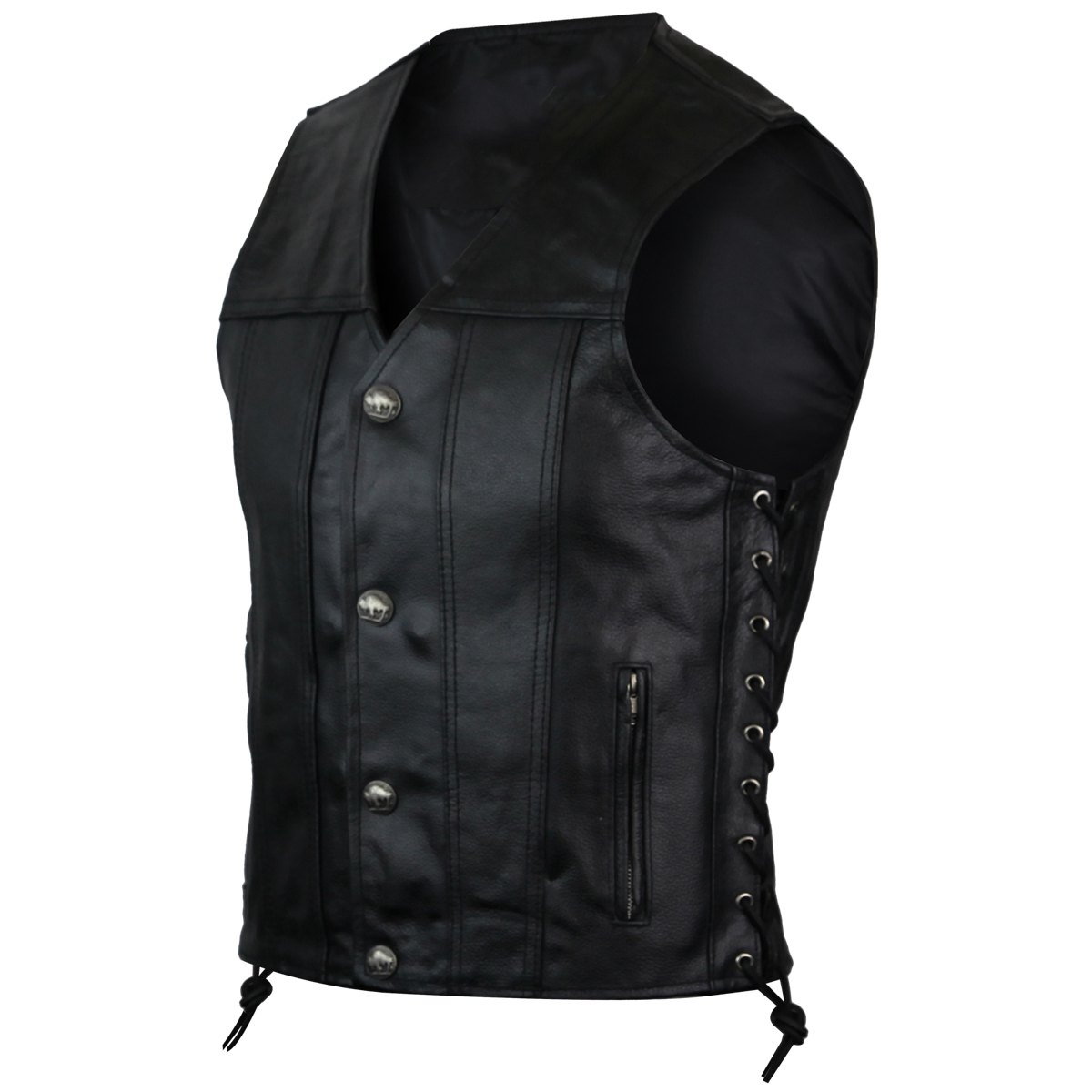 Vance Men's Black Straight Bottom Leather Motorcycle Vest