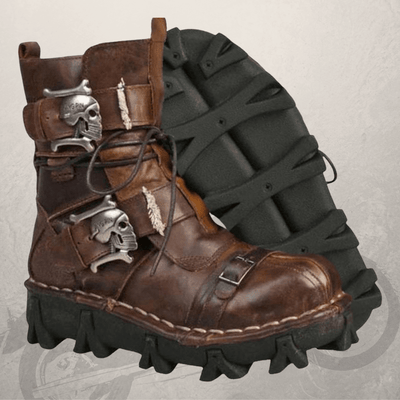 Handmade Skull Leather Boots + Free Leg Bag Bundle with skulls and buckles, made by hand.