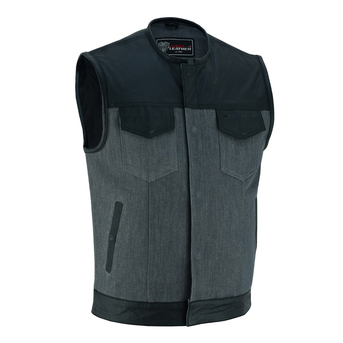 The Vance Leather Men's Denim & Leather Motorcycle Vest w/CCW Pockets is a sleeveless, dark gray denim vest featuring black shoulder panels and two chest pockets. This club-style vest includes a concealed carry pocket for added functionality and is displayed on a white background.