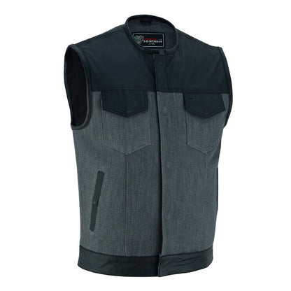 The Vance Leather Men's Denim & Leather Motorcycle Vest w/CCW Pockets is a sleeveless, dark gray denim vest featuring black shoulder panels and two chest pockets. This club-style vest includes a concealed carry pocket for added functionality and is displayed on a white background.