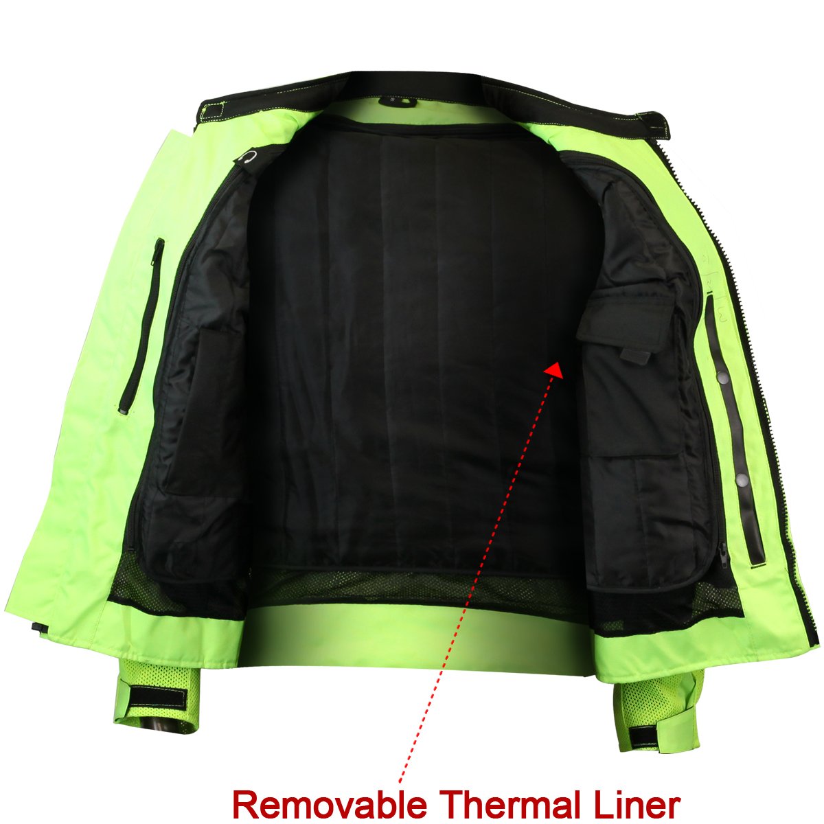 The Vance Leather High Visibility Mesh Motorcycle Jacket with Insulated Liner and CE Armor is shown in neon green with its front unzipped to reveal a removable black thermal liner inside. A red arrow and text label indicate the thermal liner. The jacket also features a mesh shell for breathability and reflective panels for enhanced visibility.