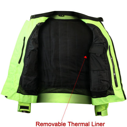 The Vance Leather High Visibility Mesh Motorcycle Jacket with Insulated Liner and CE Armor is shown in neon green with its front unzipped to reveal a removable black thermal liner inside. A red arrow and text label indicate the thermal liner. The jacket also features a mesh shell for breathability and reflective panels for enhanced visibility.